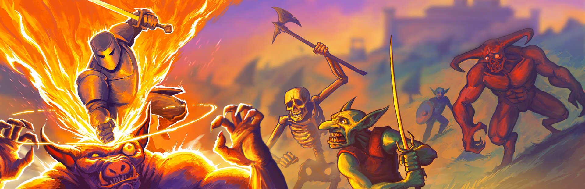Official Steam library hero for Megabonk: a fox with a staff, a bulky armored knight, and a small monkey on bright grass, with floating islands and the Megabonk logo